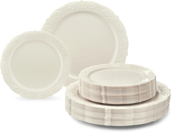 " OCCASIONS " 100 Plates Pack,(50 Guests) Vintage Wedding Party Disposable Plastic Plates Set -50x10.25'' Dinner + 50x7.5'' Salad/Dessert Plate (Portofino in plain Ivory) Main Image