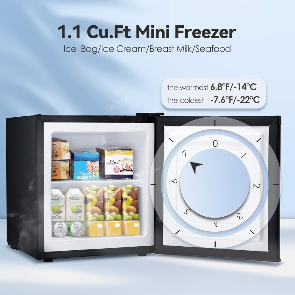 1.1 Cu.ft Small Upright Freezer, Mini Freezer with Removable Shelves, Adjustable Thermostat, Reversible Door Hinge, Quiet for Home/Dorm/Office/Kitchen, Black