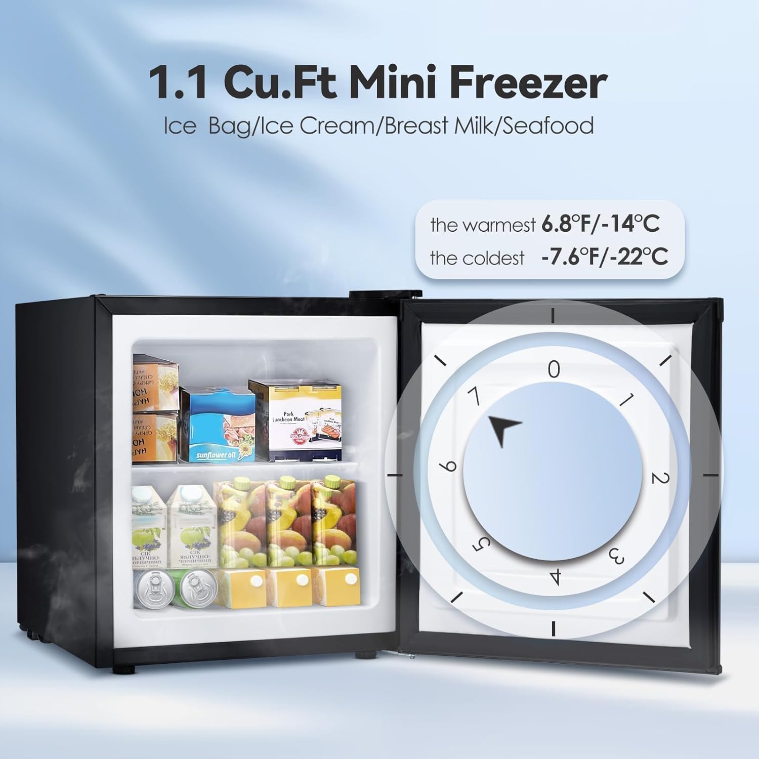 1.1 Cu.ft Small Upright Freezer, Mini Freezer with Removable Shelves, Adjustable Thermostat, Reversible Door Hinge, Quiet for Home/Dorm/Office/Kitchen, Black
