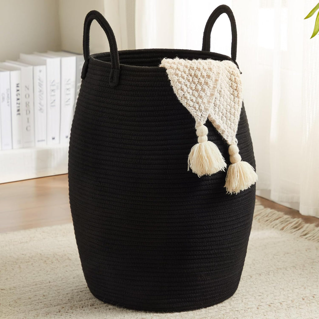 105L Extra Large Laundry Hamper Basket by Fiona's magic, Woven Tall Clothes Hamper for Storage Blanket, Toys and Dirty Cothes in Bedroom and Living Room Organizer, Brown & Black