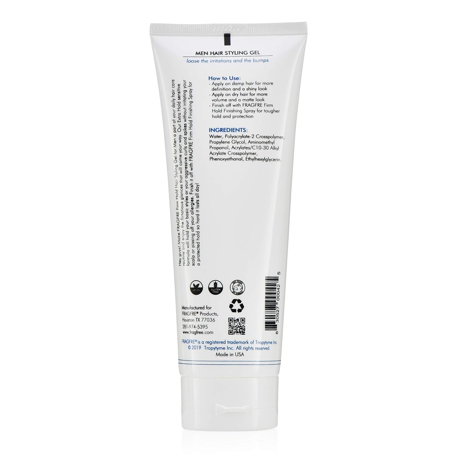"FRAGFRE Hair Styling Gel, 8 fl oz, Extra Hold, Non Toxic & Flaky, Alcohol Free, Unscented, Color Safe, Provides Strong Firm Hold, No Residue, For Men and Women"