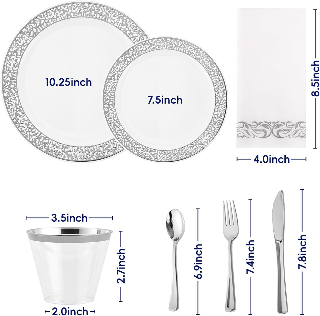 Count Silver Plastic Dinnerware, Silver Disposable Plates, Includes 30 Dinner & 30 Dessert Plates & 30 Cups & 30 Paper Napkins & 30 Plastic Silverware Set