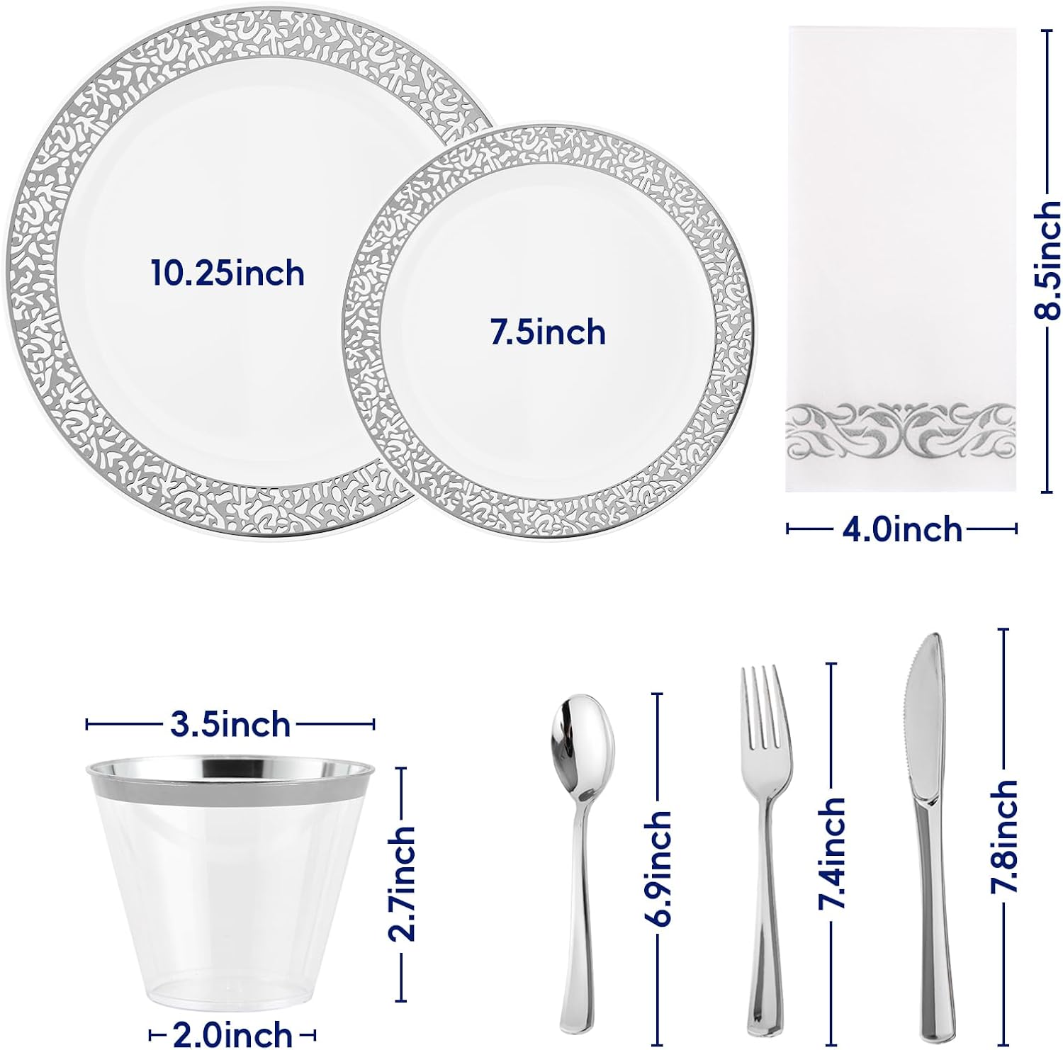 Count Silver Plastic Dinnerware, Silver Disposable Plates, Includes 30 Dinner & 30 Dessert Plates & 30 Cups & 30 Paper Napkins & 30 Plastic Silverware Set