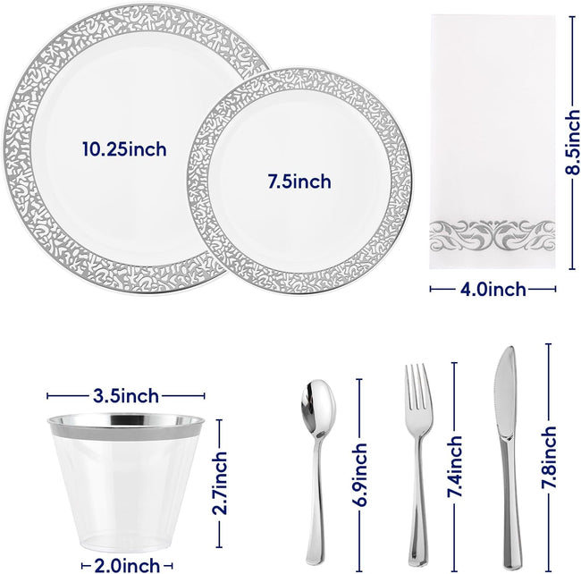 Count Silver Plastic Dinnerware, Silver Disposable Plates, Includes 30 Dinner & 30 Dessert Plates & 30 Cups & 30 Paper Napkins & 30 Plastic Silverware Set Main Image