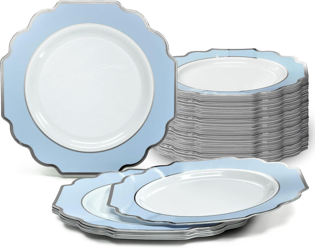 " OCCASIONS " 120 Plates Pack, Heavyweight Disposable Wedding Party Plastic Plates (6.5'' Cake/Dessert Plate, Imperial White/Blue & Silver)
