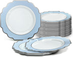 " OCCASIONS " 120 Plates Pack, Heavyweight Disposable Wedding Party Plastic Plates (6.5'' Cake/Dessert Plate, Imperial White/Blue & Silver)