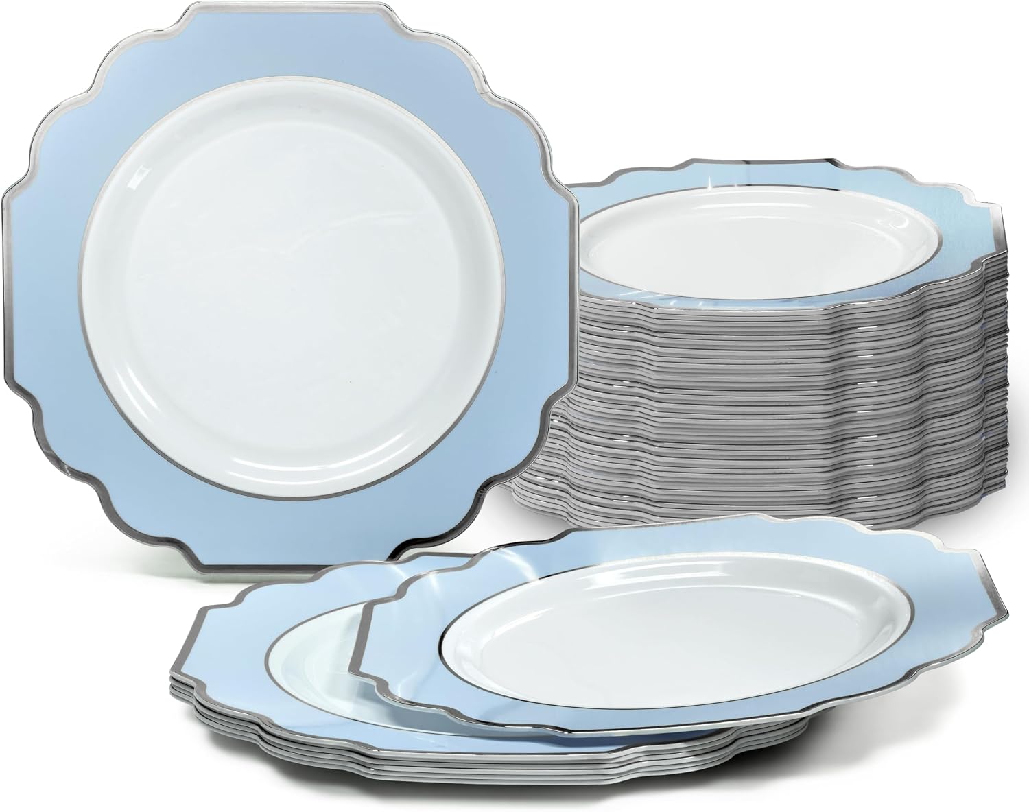 " OCCASIONS " 120 Plates Pack, Heavyweight Disposable Wedding Party Plastic Plates (6.5'' Cake/Dessert Plate, Imperial White/Blue & Silver)