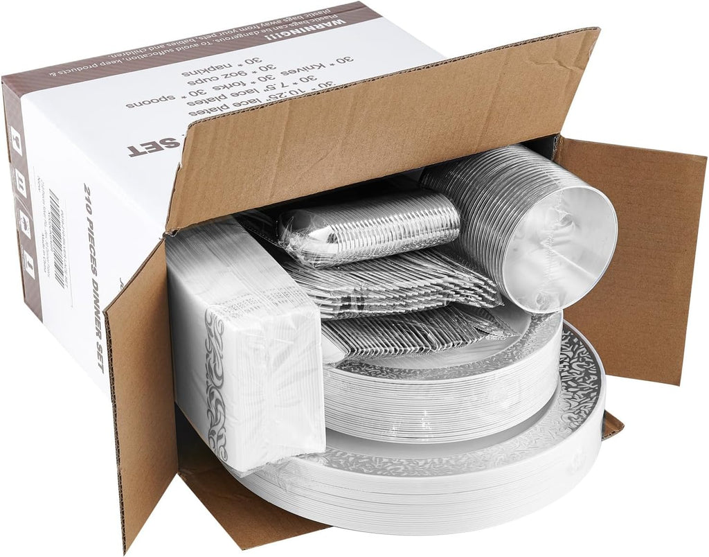 Count Silver Plastic Dinnerware, Silver Disposable Plates, Includes 30 Dinner & 30 Dessert Plates & 30 Cups & 30 Paper Napkins & 30 Plastic Silverware Set