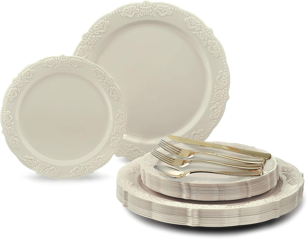 " OCCASIONS " 100 Plates Pack,(50 Guests) Vintage Wedding Party Disposable Plastic Plates Set -50x10.25'' Dinner + 50x7.5'' Salad/Dessert Plate (Portofino in plain Ivory)