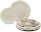 " OCCASIONS " 100 Plates Pack,(50 Guests) Vintage Wedding Party Disposable Plastic Plates Set -50x10.25'' Dinner + 50x7.5'' Salad/Dessert Plate (Portofino in plain Ivory)
