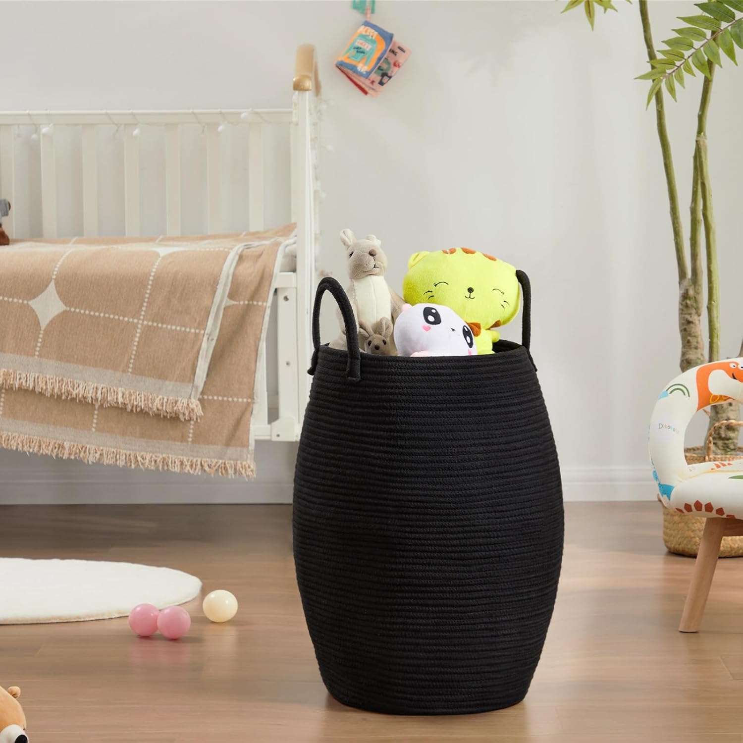105L Extra Large Laundry Hamper Basket by Fiona's magic, Woven Tall Clothes Hamper for Storage Blanket, Toys and Dirty Cothes in Bedroom and Living Room Organizer, Brown & Black