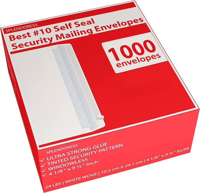 #10 Envelopes Letter Size Self Seal | 1,000 Business Mailing Security Peel and Sealing Envelope | 100% Tinted | no 10 White Windowless Legal Regular Plain Envelops Pack | 4-1/8 x 9-1/2 Inches | 24 LB Hover Image