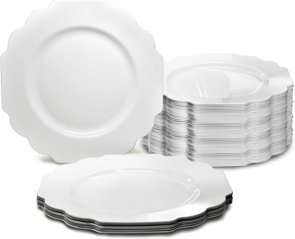 " OCCASIONS " 120 Plates Pack, Heavyweight Disposable Wedding Party Plastic Plates (6.5'' Cake/Dessert Plate, Imperial White/Blue & Silver)