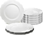 " OCCASIONS " 120 Plates Pack, Heavyweight Disposable Wedding Party Plastic Plates (6.5'' Cake/Dessert Plate, Imperial White/Blue & Silver)