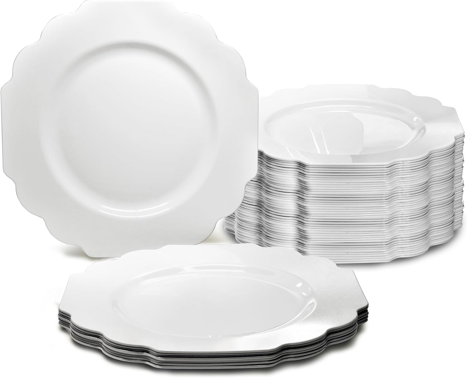 " OCCASIONS " 120 Plates Pack, Heavyweight Disposable Wedding Party Plastic Plates (6.5'' Cake/Dessert Plate, Imperial White/Blue & Silver)