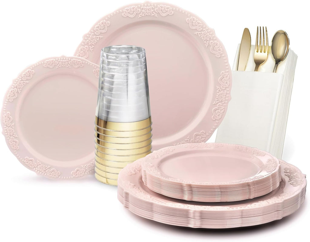 " OCCASIONS " 100 Plates Pack,(50 Guests) Vintage Wedding Party Disposable Plastic Plates Set -50x10.25'' Dinner + 50x7.5'' Salad/Dessert Plate (Portofino in plain Ivory)