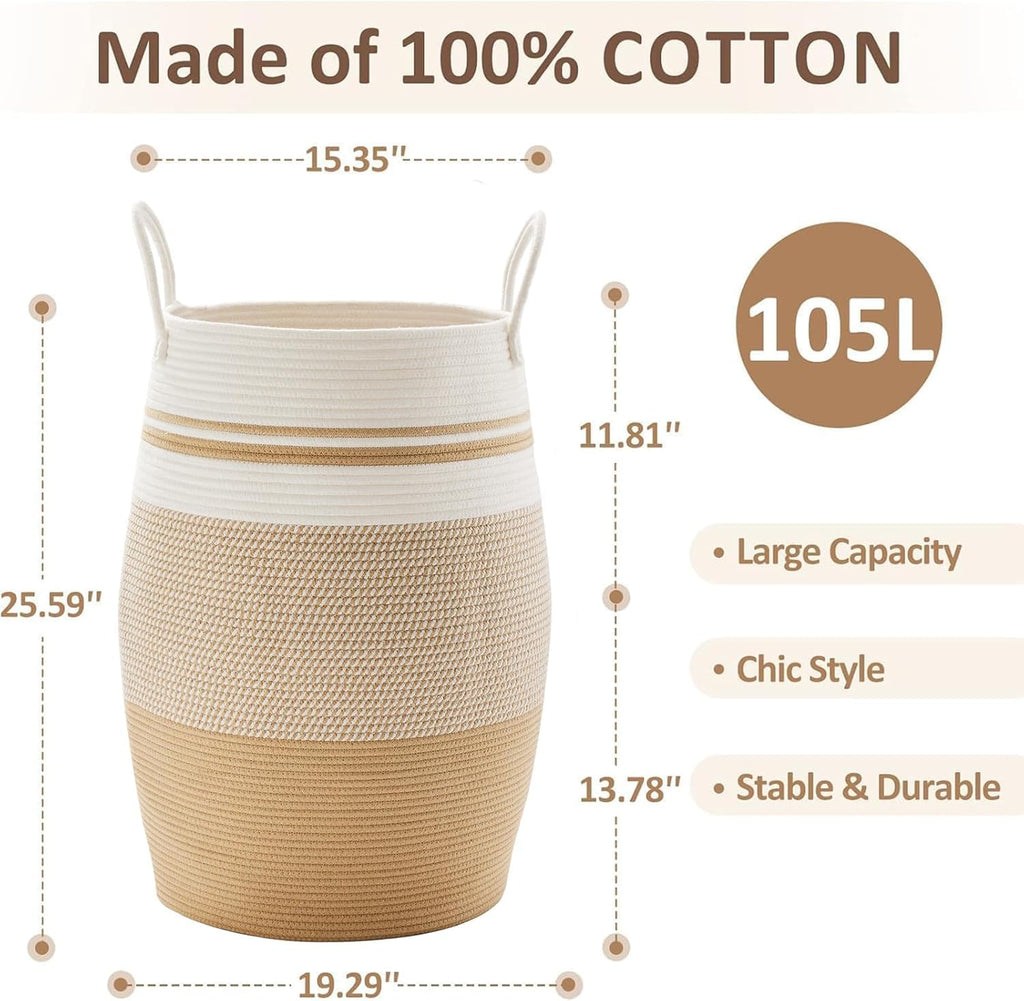 105L Extra Large Laundry Hamper Basket by Fiona's magic, Woven Tall Clothes Hamper for Storage Blanket, Toys and Dirty Cothes in Bedroom and Living Room Organizer, Brown & Black