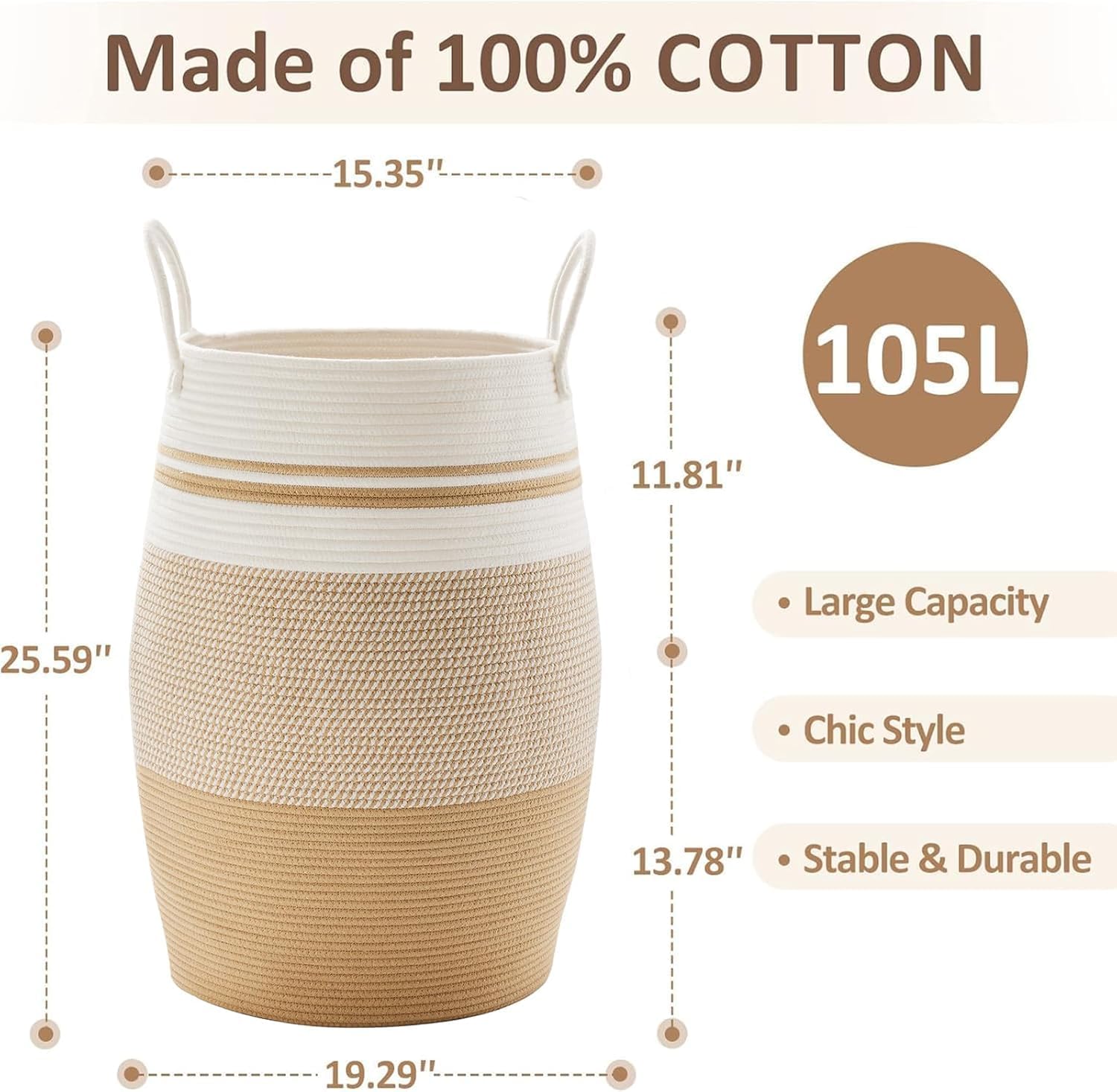 105L Extra Large Laundry Hamper Basket by Fiona's magic, Woven Tall Clothes Hamper for Storage Blanket, Toys and Dirty Cothes in Bedroom and Living Room Organizer, Brown & Black