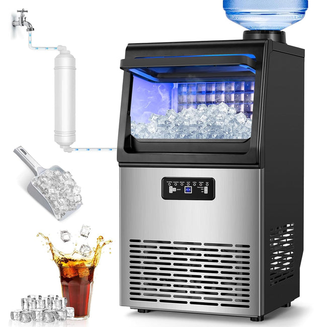 100LBS/24H High Output - Commercial Ice Maker with 20LBS Storage Bin - Dual Water Inlets, 36 Ice Cubes/Cycle, 15" Compact Undercounter/Freestanding Design - Self-Cleaning for Home Bars, Outdoor Hover Image