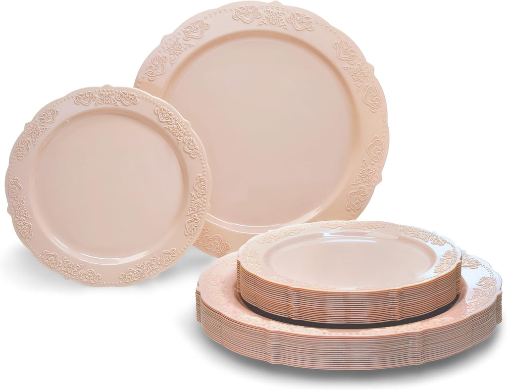 " OCCASIONS " 100 Plates Pack,(50 Guests) Vintage Wedding Party Disposable Plastic Plates Set -50x10.25'' Dinner + 50x7.5'' Salad/Dessert Plate (Portofino in plain Ivory)