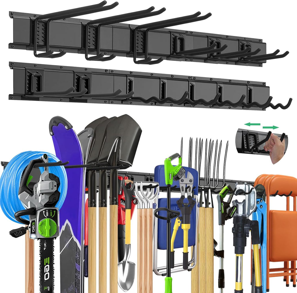 "48 Garage Tool Organizer Wall Mount - Heavy Duty 520lbs Metal Storage Rack, Easy Install Adjustable Hooks for Garden Tools Brooms