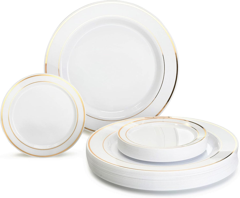 " OCCASIONS " 120 Plates Pack, Heavyweight Premium Disposable Plastic Plates Set 60 x 10.5'' Dinner + 60 x 6.25'' Dessert/Cake Plates (Ivory & Gold Rim)