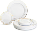 " OCCASIONS " 120 Plates Pack, Heavyweight Premium Disposable Plastic Plates Set 60 x 10.5'' Dinner + 60 x 6.25'' Dessert/Cake Plates (Ivory & Gold Rim)