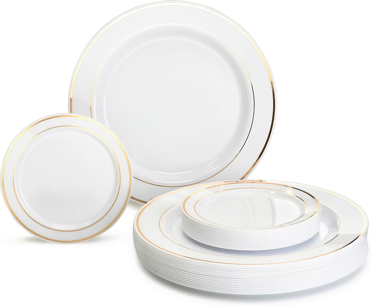 " OCCASIONS " 120 Plates Pack, Heavyweight Premium Disposable Plastic Plates Set 60 x 10.5'' Dinner + 60 x 6.25'' Dessert/Cake Plates (Ivory & Gold Rim)