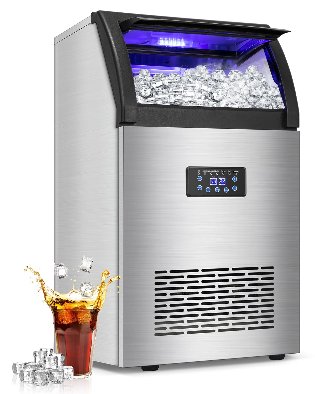 100LBS/24H High Output - Commercial Ice Maker with 20LBS Storage Bin - Dual Water Inlets, 36 Ice Cubes/Cycle, 15" Compact Undercounter/Freestanding Design - Self-Cleaning for Home Bars, Outdoor