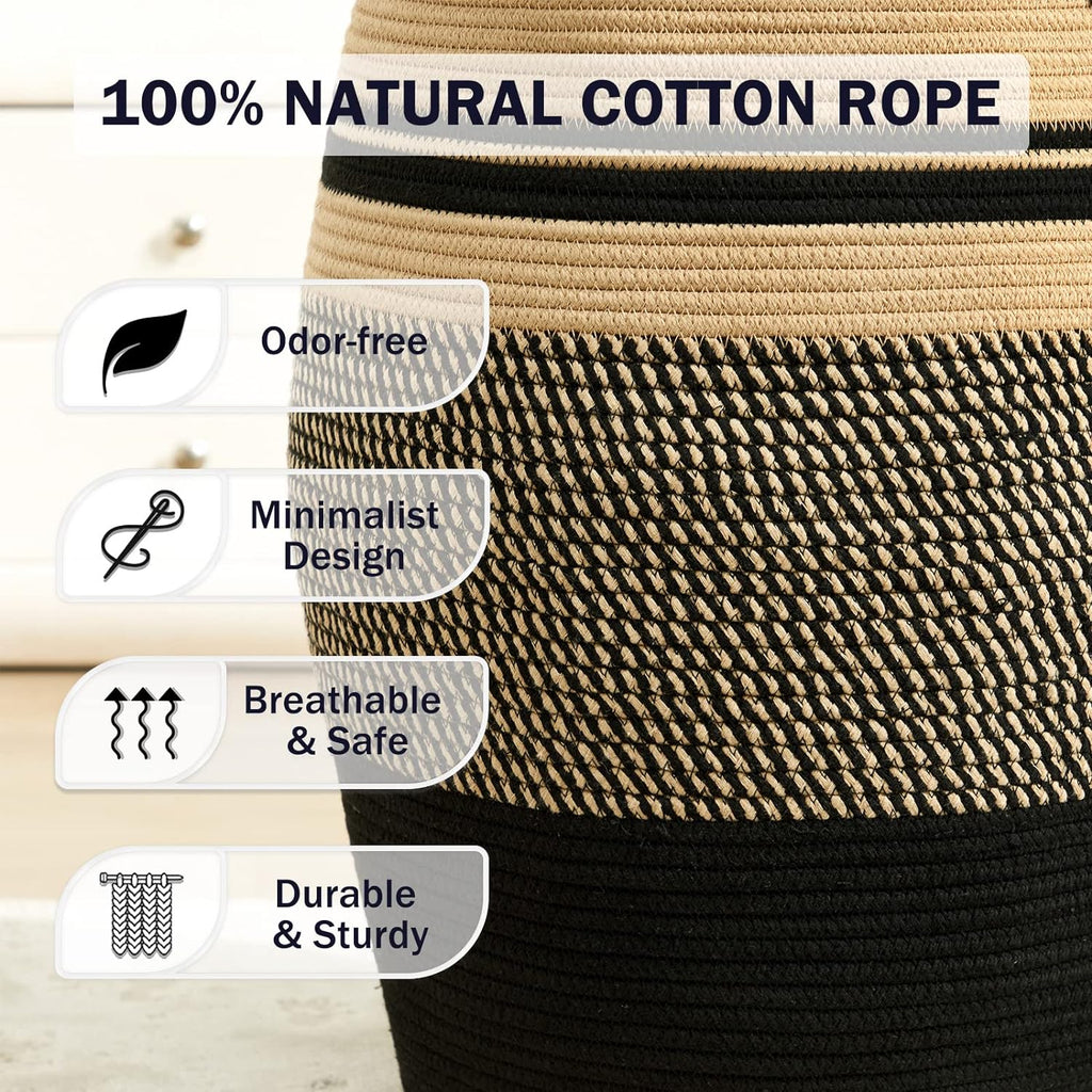 105L Extra Large Laundry Hamper Basket by Fiona's magic, Woven Tall Clothes Hamper for Storage Blanket, Toys and Dirty Cothes in Bedroom and Living Room Organizer, Brown & Black