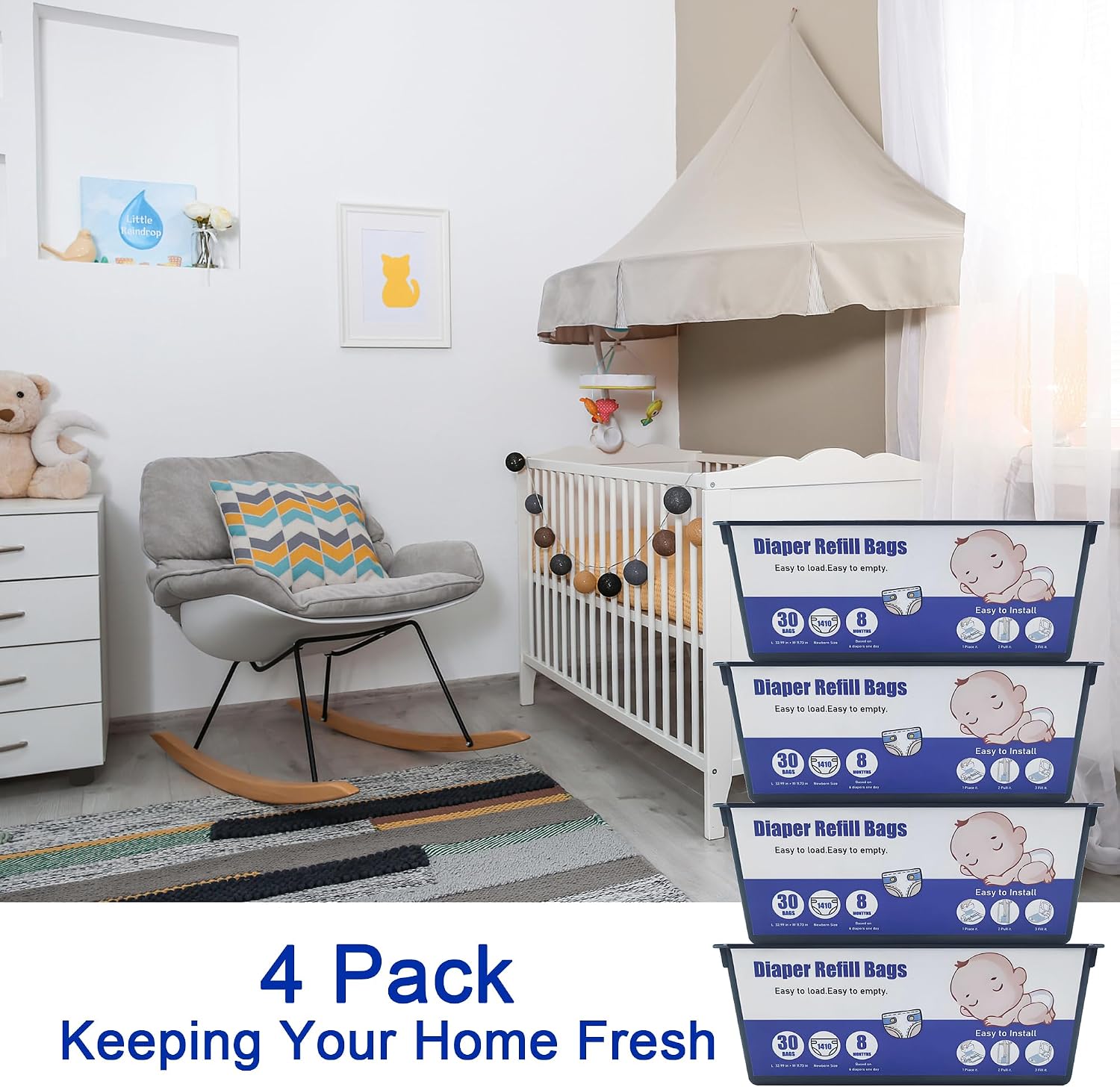 120 Bags Diaper Pail Refills Bags Compatible with Genie Easy Roll Signature & Platinum Diaper Pails,Each Refill Cartridge Holds up to 1410 Newborn Diapers