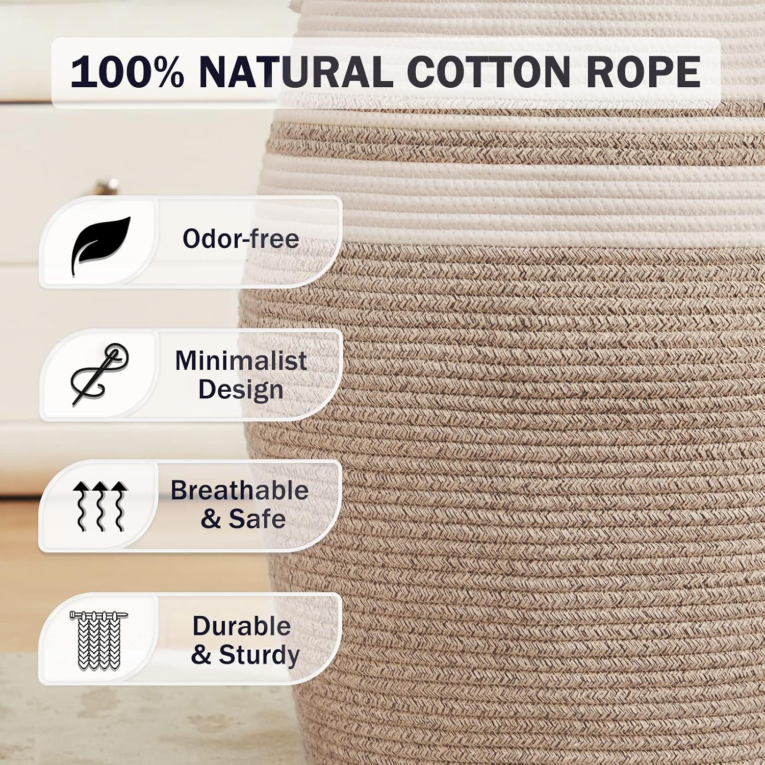 105L Extra Large Laundry Hamper Basket by Fiona's magic, Woven Tall Clothes Hamper for Storage Blanket, Toys and Dirty Cothes in Bedroom and Living Room Organizer, Brown & Black
