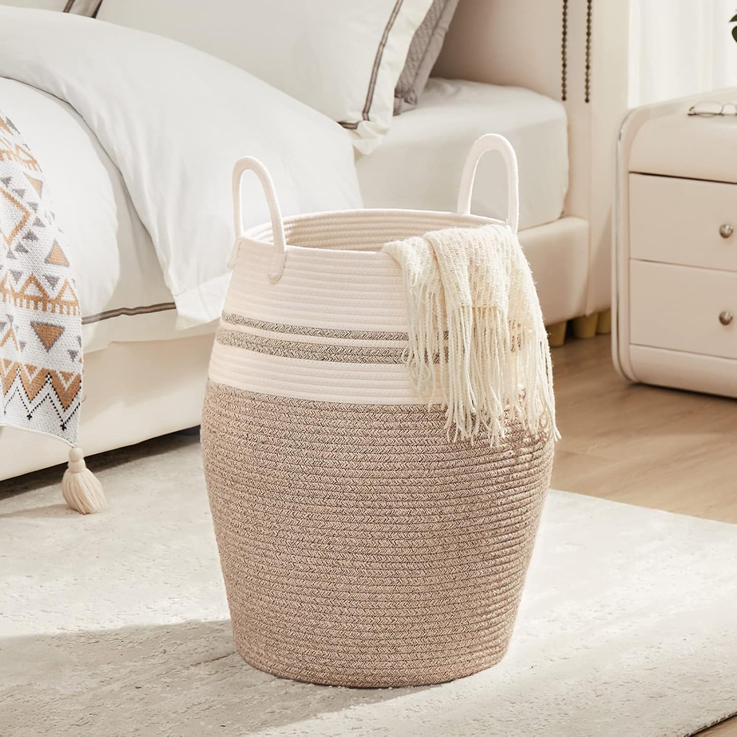 105L Extra Large Laundry Hamper Basket by Fiona's magic, Woven Tall Clothes Hamper for Storage Blanket, Toys and Dirty Cothes in Bedroom and Living Room Organizer, Brown & Black