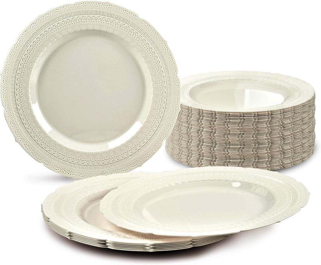 " OCCASIONS " 120 Plates Pack, Extra Heavyweight Disposable Vintage Wedding Party Plastic Plates (11'' Dinner Plate, Chateau in Blue)