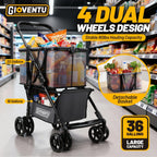 Folding Shopping Cart with Wheels, 80lbs Multi Use Grocery Carts with 360° Wheels & Removable Tote Bag, Multifunctional Portable Personal Shopping Carts for Groceries, Black