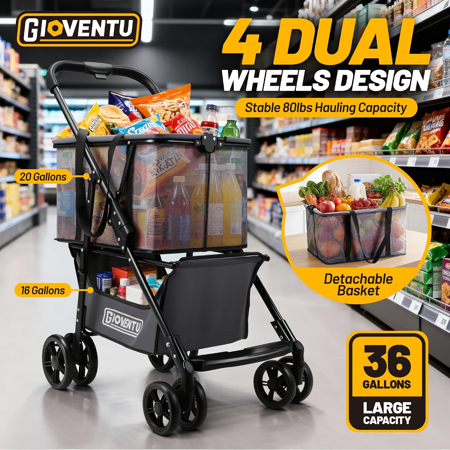Folding Shopping Cart with Wheels, 80lbs Multi Use Grocery Carts with 360° Wheels & Removable Tote Bag, Multifunctional Portable Personal Shopping Carts for Groceries, Black