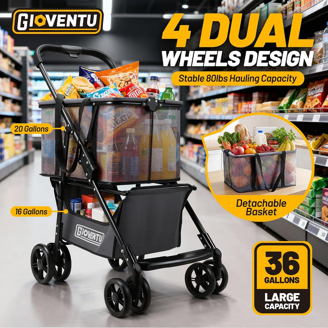 Folding Shopping Cart with Wheels, 80lbs Multi Use Grocery Carts with 360° Wheels & Removable Tote Bag, Multifunctional Portable Personal Shopping Carts for Groceries, Black Main Image