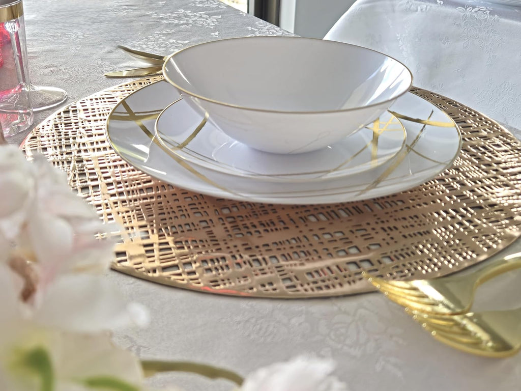 " OCCASIONS " 40 Pieces Pack Pressed Vinyl Metallic Placemats/Wedding Accent Centerpiece Placemat (Round Linen Gold)