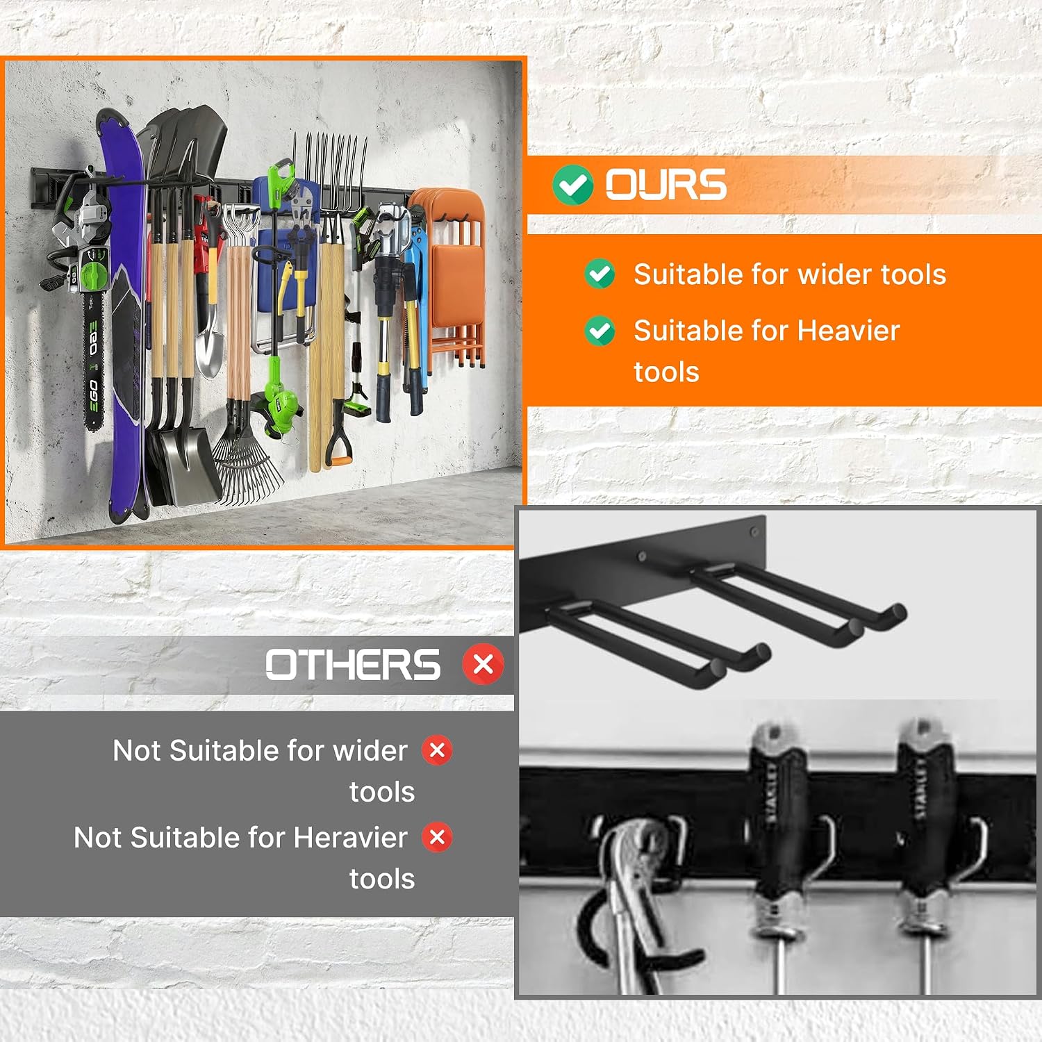 "48 Garage Tool Organizer Wall Mount - Heavy Duty 520lbs Metal Storage Rack, Easy Install Adjustable Hooks for Garden Tools Brooms