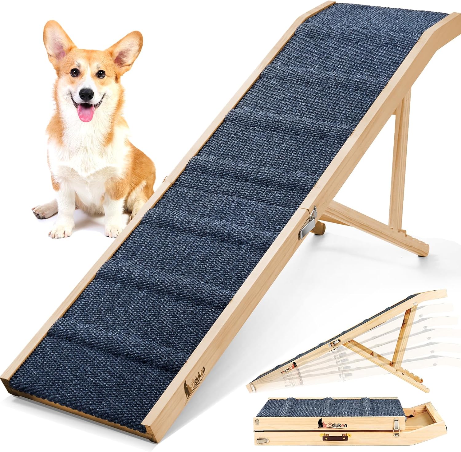 Dog Ramp for Bed, 64" Long Foldable Pet Ramp for Small Large Dogs, Dog Ramps for High Beds Car, High Traction with Platform 6 Adjustable Heights 24" to 30" Up to 220LBS Black