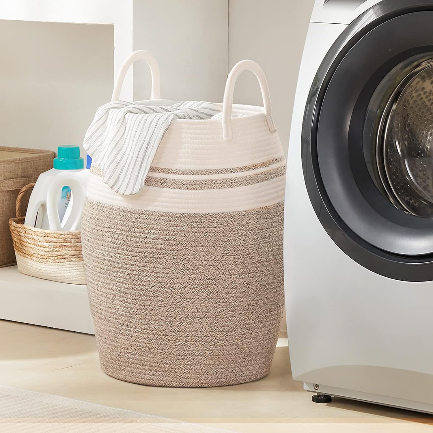 105L Extra Large Laundry Hamper Basket by Fiona's magic, Woven Tall Clothes Hamper for Storage Blanket, Toys and Dirty Cothes in Bedroom and Living Room Organizer, Brown & Black
