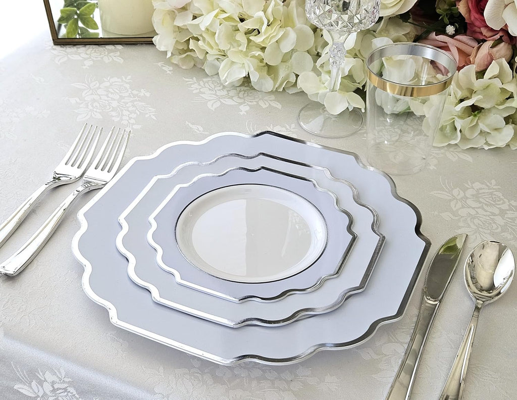 " OCCASIONS " 120 Plates Pack, Heavyweight Disposable Wedding Party Plastic Plates (6.5'' Cake/Dessert Plate, Imperial White/Blue & Silver)