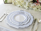 " OCCASIONS " 120 Plates Pack, Heavyweight Disposable Wedding Party Plastic Plates (6.5'' Cake/Dessert Plate, Imperial White/Blue & Silver)