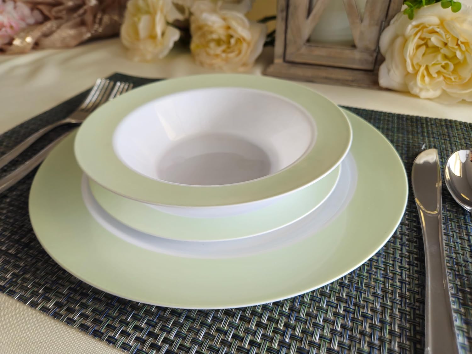 " OCCASIONS " 120 Plates Pack, Disposable Wedding Party Plastic Plates (7.5'' Appetizer/Dessert Plate, Rio in White & Pearled Green)