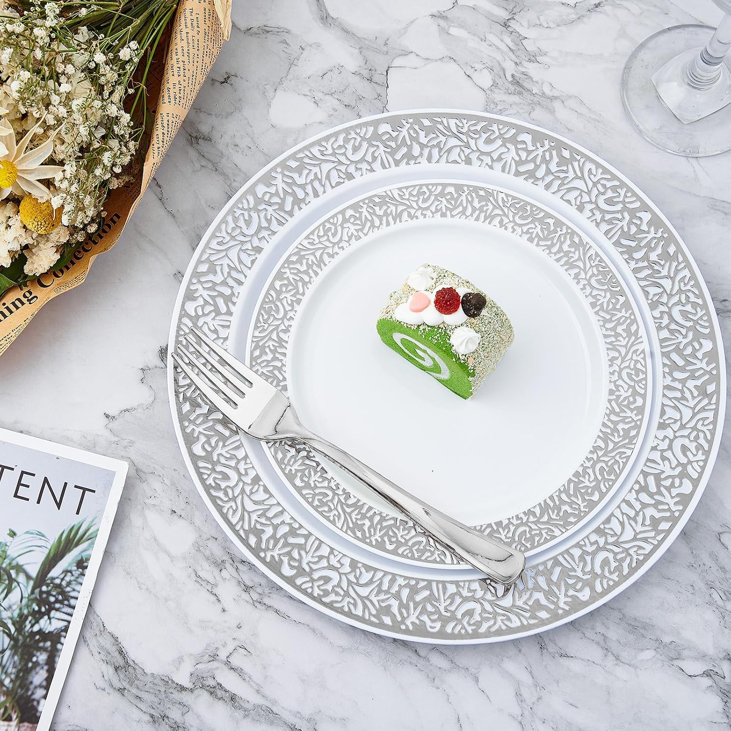 Count Silver Plastic Dinnerware, Silver Disposable Plates, Includes 30 Dinner & 30 Dessert Plates & 30 Cups & 30 Paper Napkins & 30 Plastic Silverware Set