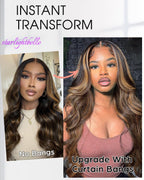 Blended Hair 28 Inch Highlight Ombre Lace Front Wig Wear and Go Glueless Wig 1B/30 Body Wave Wig Bio-Hybrid Memory Core™ Premium Fiber/Human Hair 220% Density