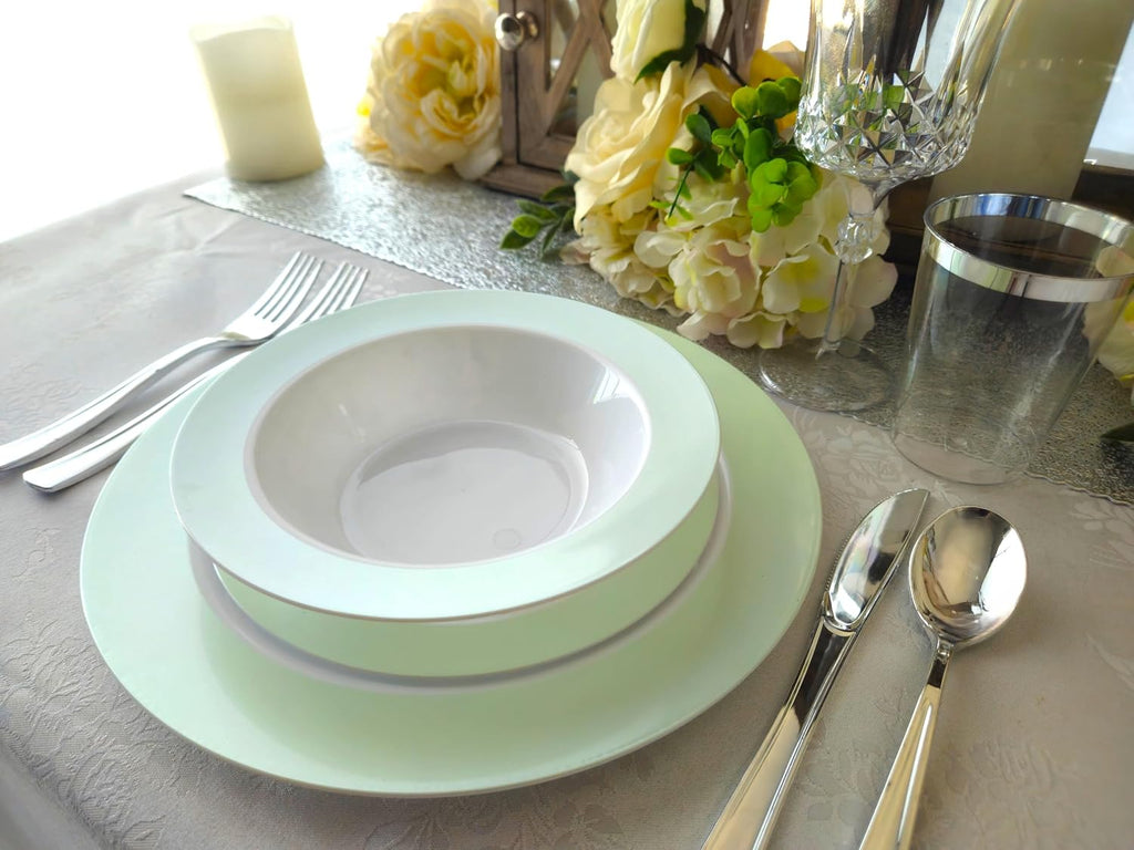 " OCCASIONS " 120 Plates Pack, Disposable Wedding Party Plastic Plates (7.5'' Appetizer/Dessert Plate, Rio in White & Pearled Green)