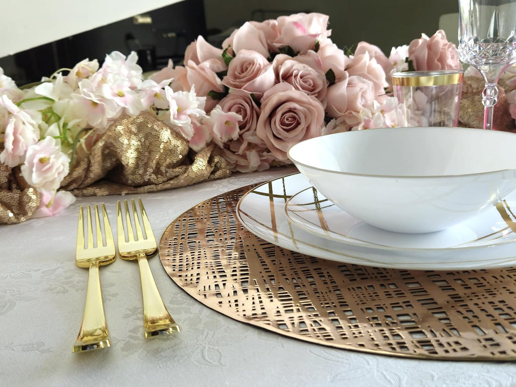 " OCCASIONS " 40 Pieces Pack Pressed Vinyl Metallic Placemats/Wedding Accent Centerpiece Placemat (Round Linen Gold)