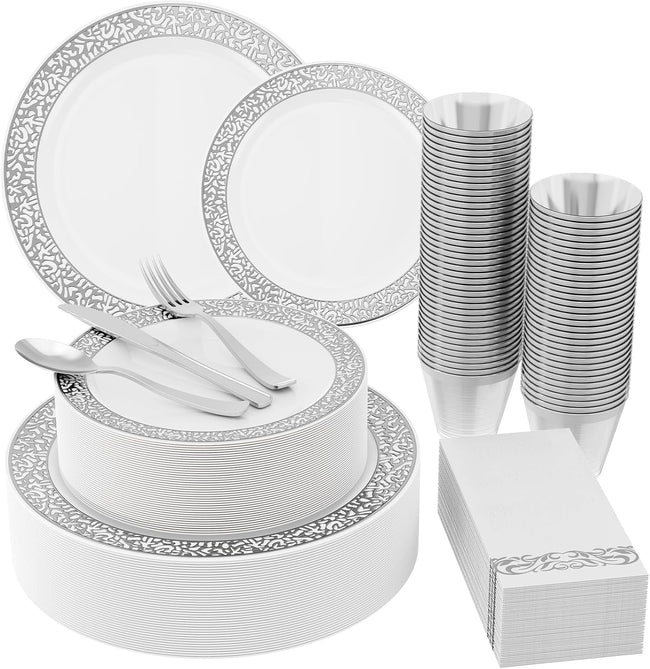 Count Silver Plastic Dinnerware, Silver Disposable Plates, Includes 30 Dinner & 30 Dessert Plates & 30 Cups & 30 Paper Napkins & 30 Plastic Silverware Set Hover Image