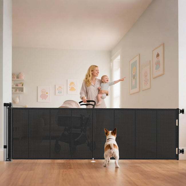 120 inch Retractable Baby Gates 34 inch Tall, Retractable Gate with Reinforced Strip Design to Prevent Crawling Through, 10 FT Extra Wide Retractable Dog Gate for Indoor/Outdoor Hover Image